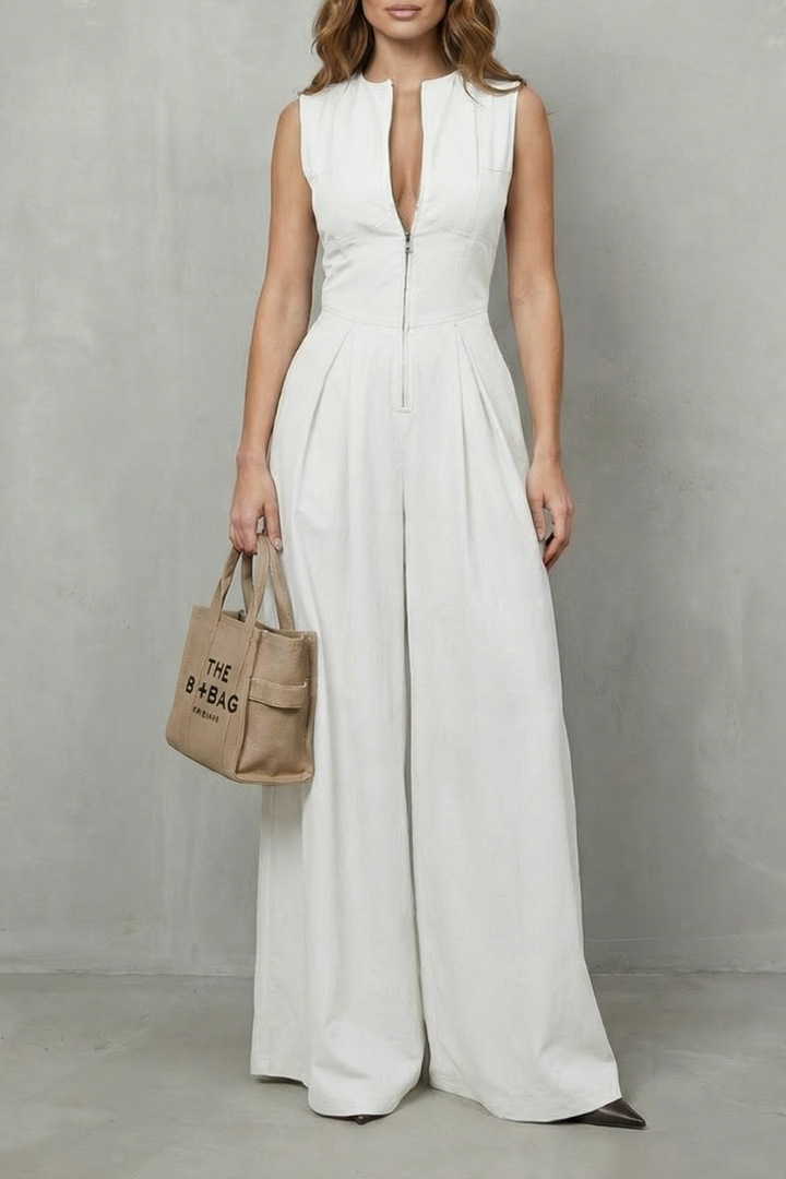 Women's Sleeveless Zip Front Wide Leg Jumpsuit - Joviane