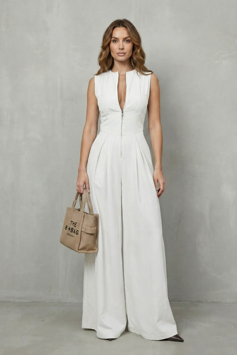 Women's Sleeveless Zip Front Wide Leg Jumpsuit - Joviane