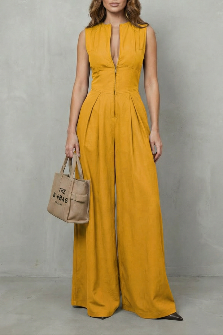 Women's Sleeveless Zip Front Wide Leg Jumpsuit - Joviane