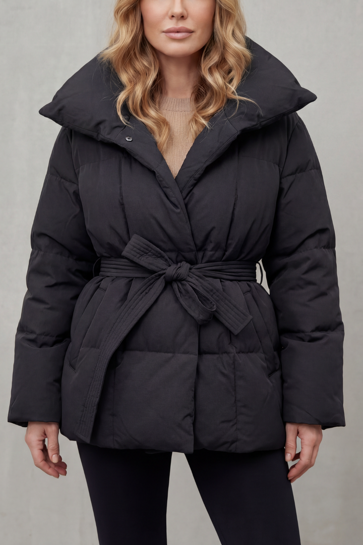 Women's Belted Puffer Coat with Oversized Collar – Tamsin