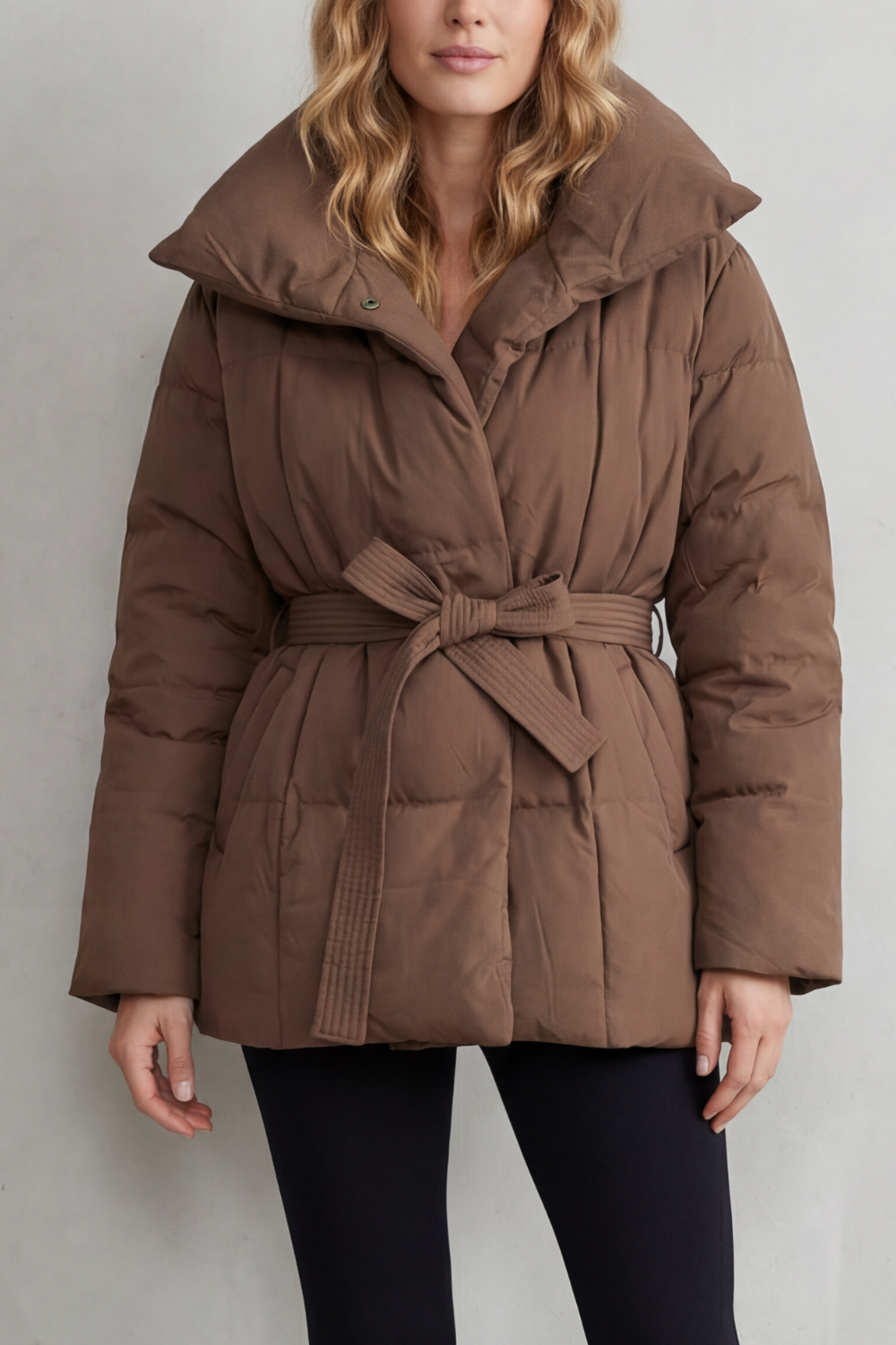 Women's Belted Puffer Coat with Oversized Collar – Tamsin