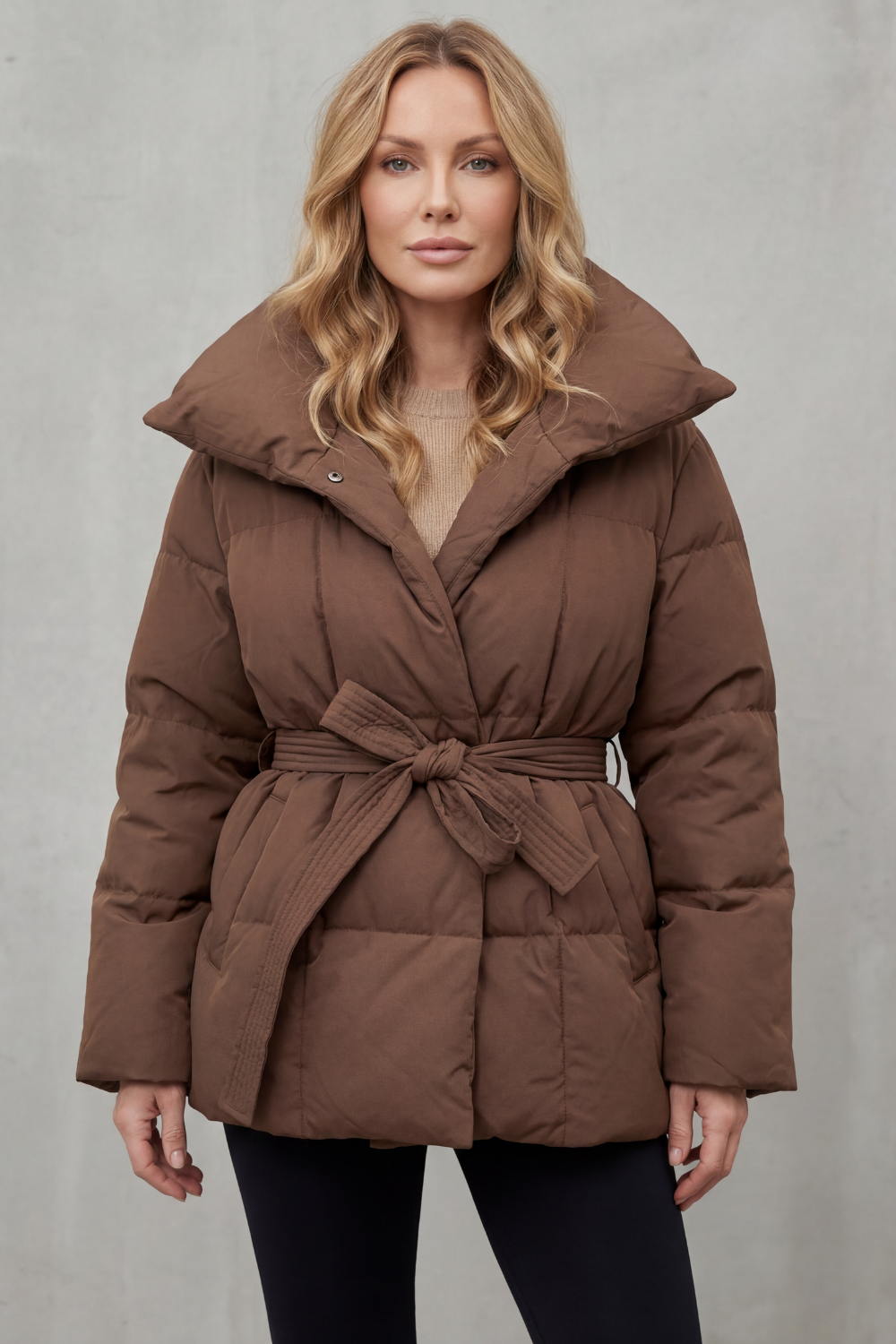 Women's Belted Puffer Coat with Oversized Collar – Tamsin