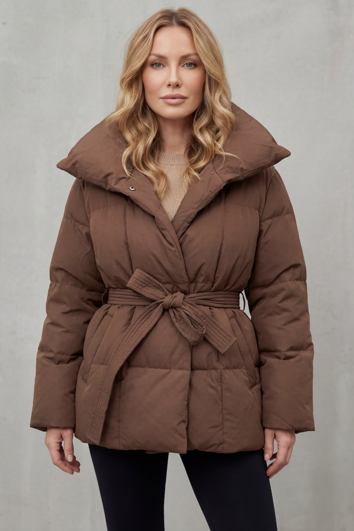 Women's Belted Puffer Coat with Oversized Collar – Tamsin