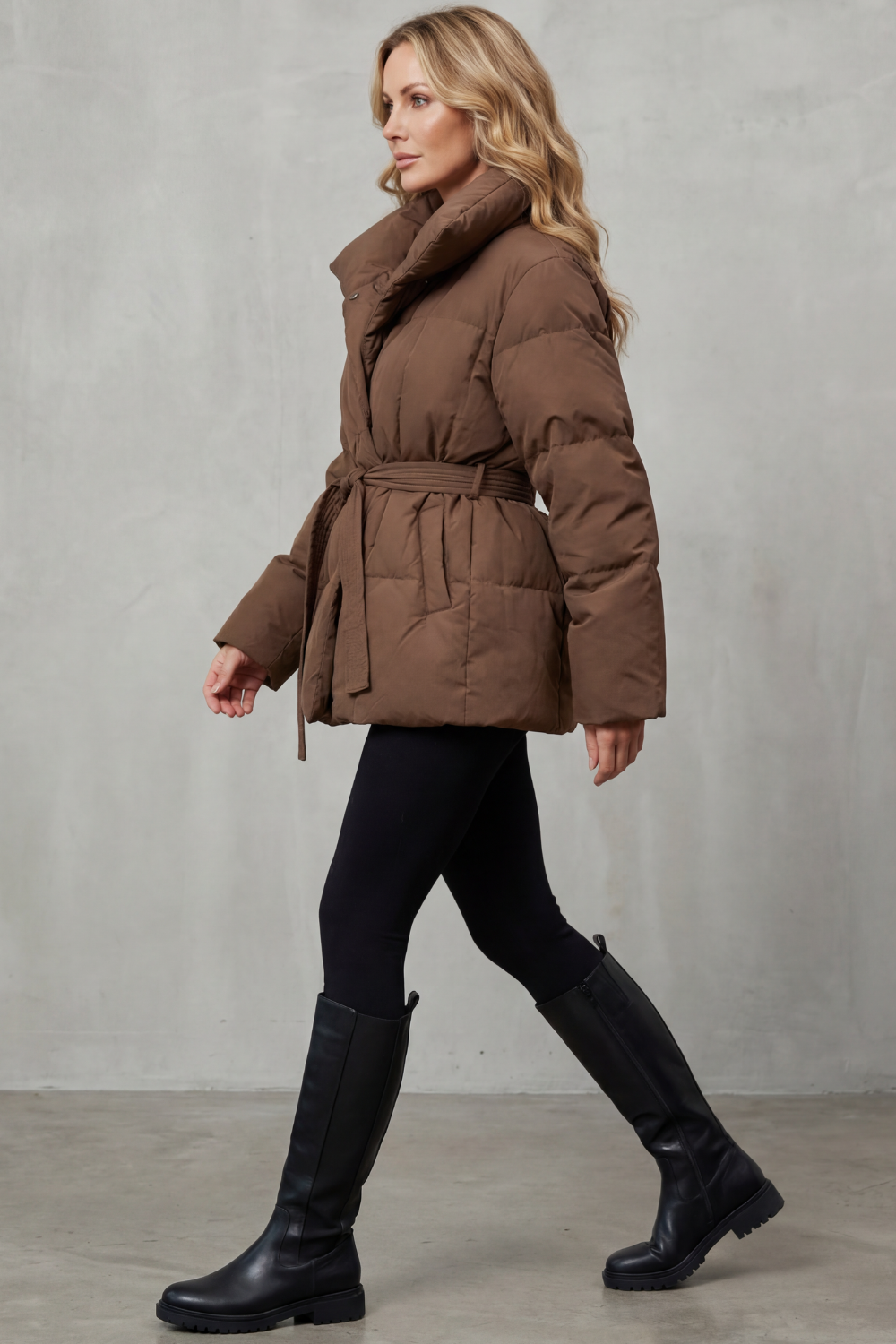 Women's Belted Puffer Coat with Oversized Collar – Tamsin