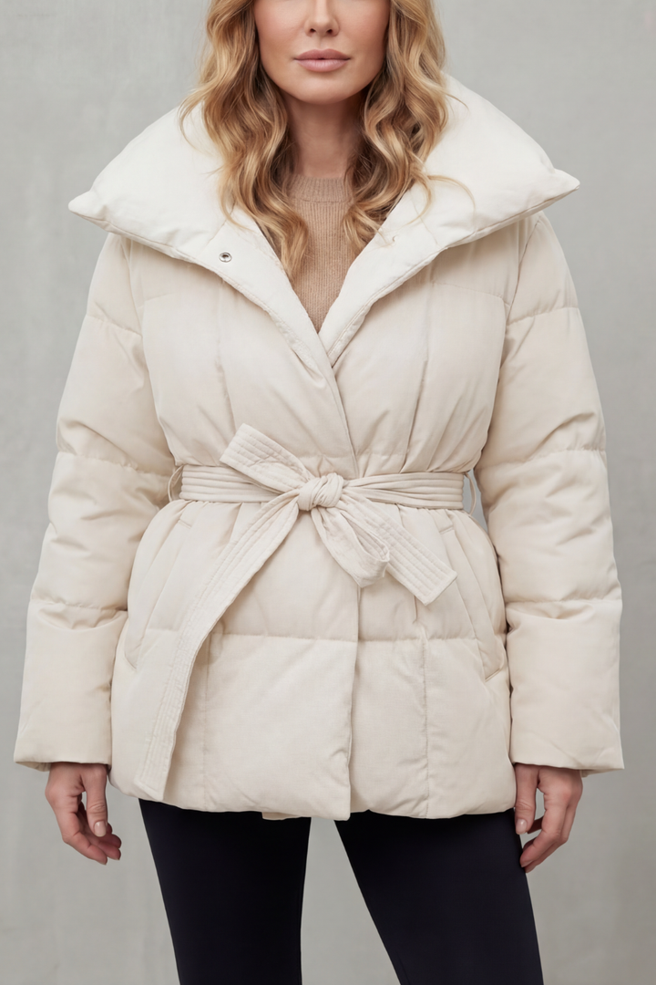 Women's Belted Puffer Coat with Oversized Collar – Tamsin