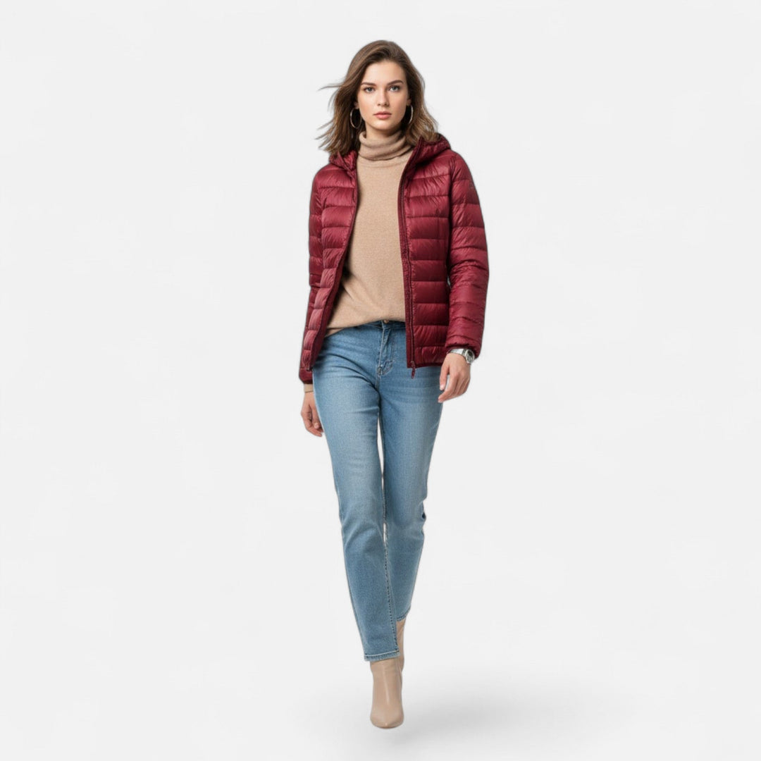 Hawes women's lightweight down jacket in Wine Red – front view