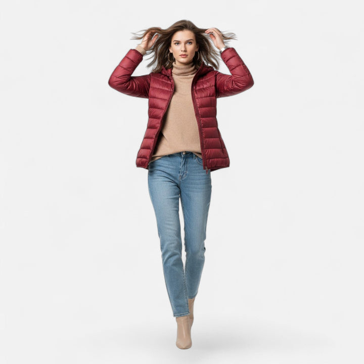 Hawes women's lightweight down jacket in Wine Red – front view