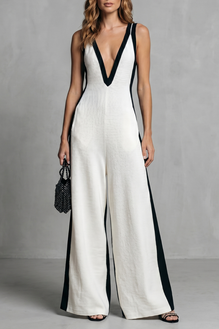 Women's Contrast Panel Wide Leg Jumpsuit with V Neck - Marisselle