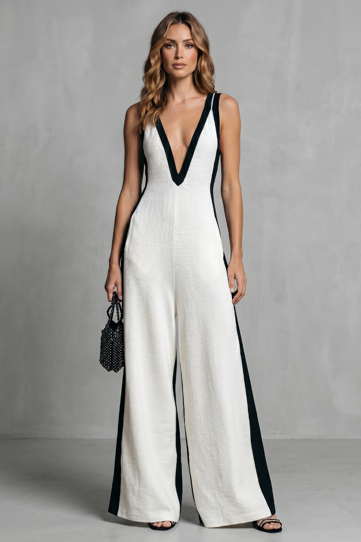Women's Contrast Panel Wide Leg Jumpsuit with V Neck - Marisselle