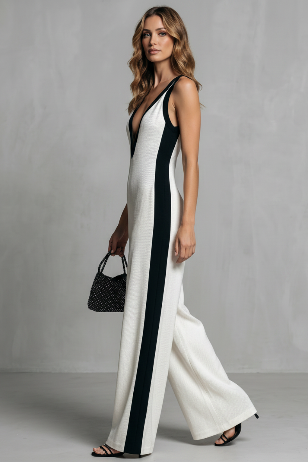 Women's Contrast Panel Wide Leg Jumpsuit with V Neck - Marisselle