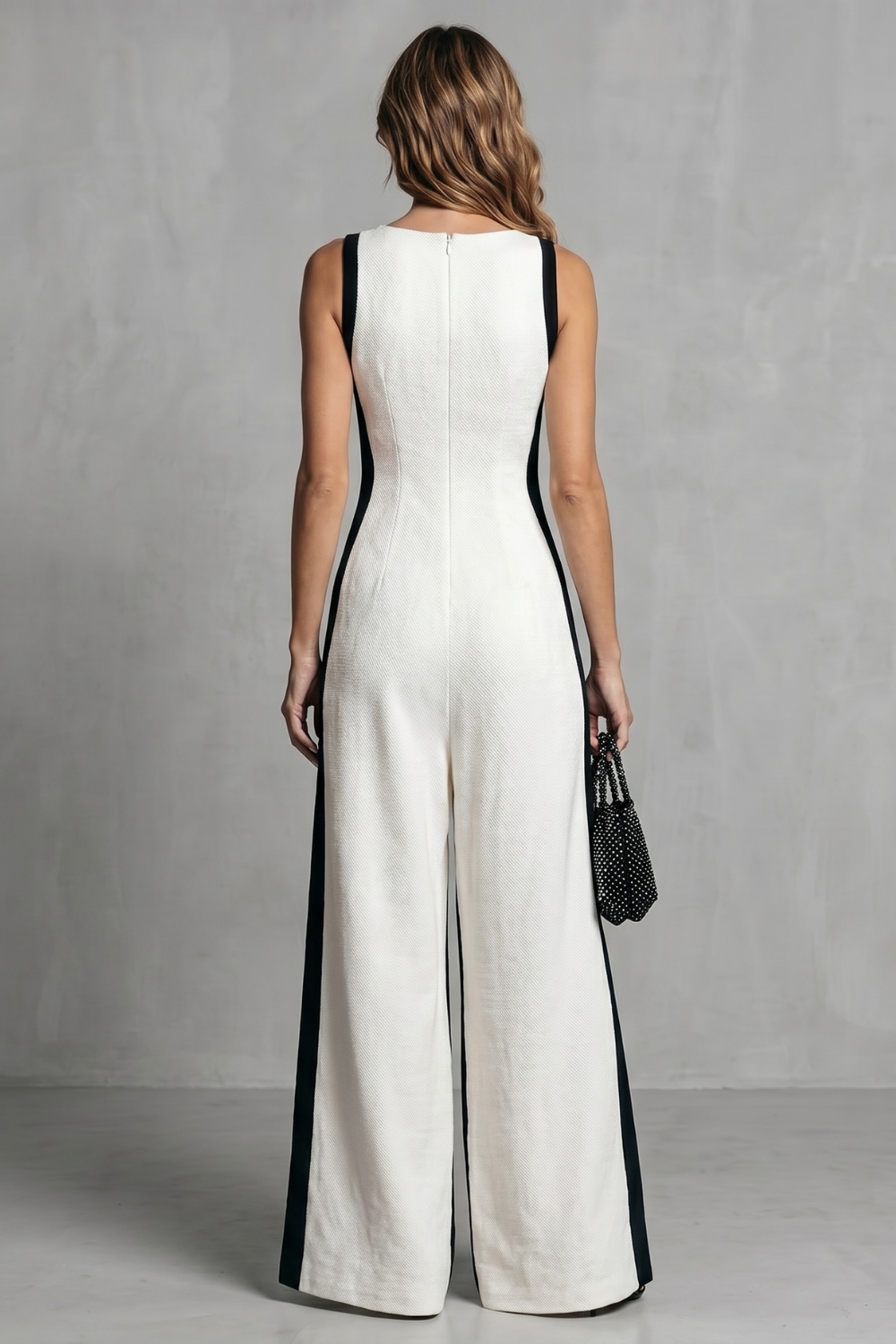 Women's Contrast Panel Wide Leg Jumpsuit with V Neck - Marisselle