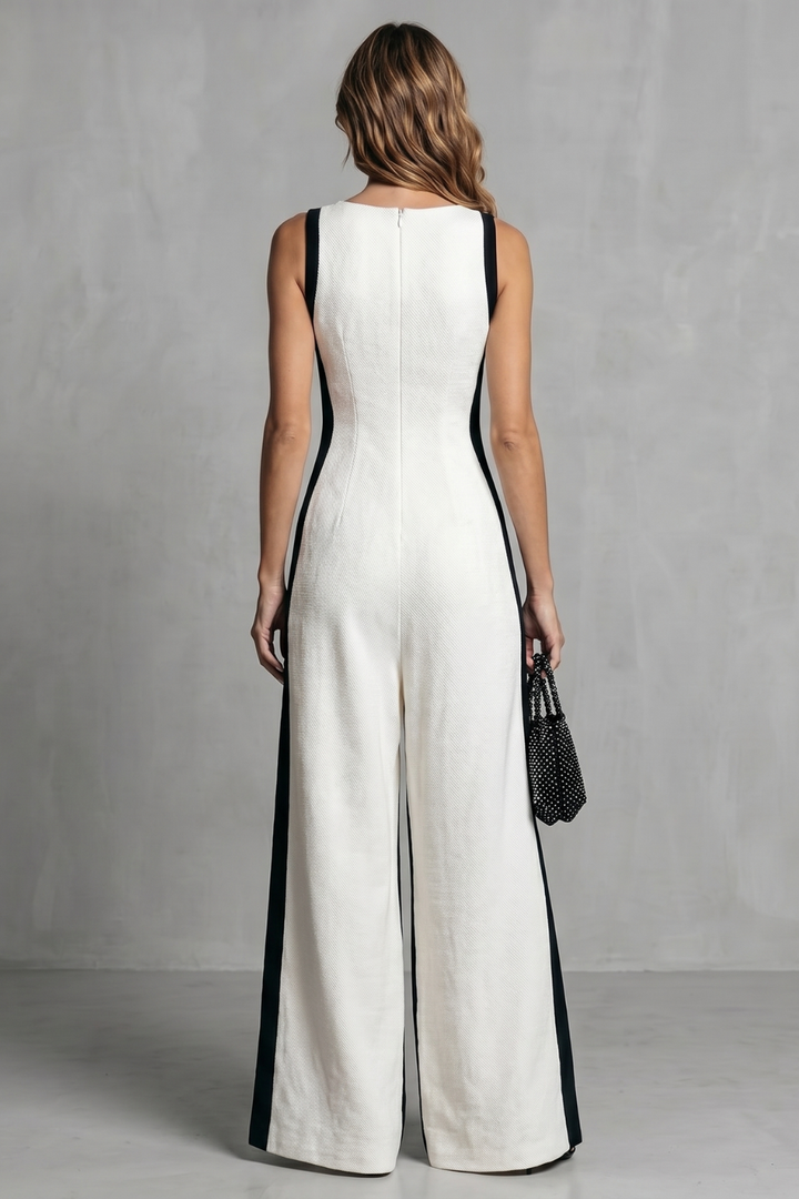 Women's Contrast Panel Wide Leg Jumpsuit with V Neck - Marisselle