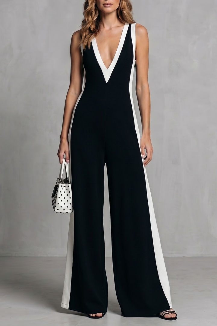 Women's Contrast Panel Wide Leg Jumpsuit with V Neck - Marisselle