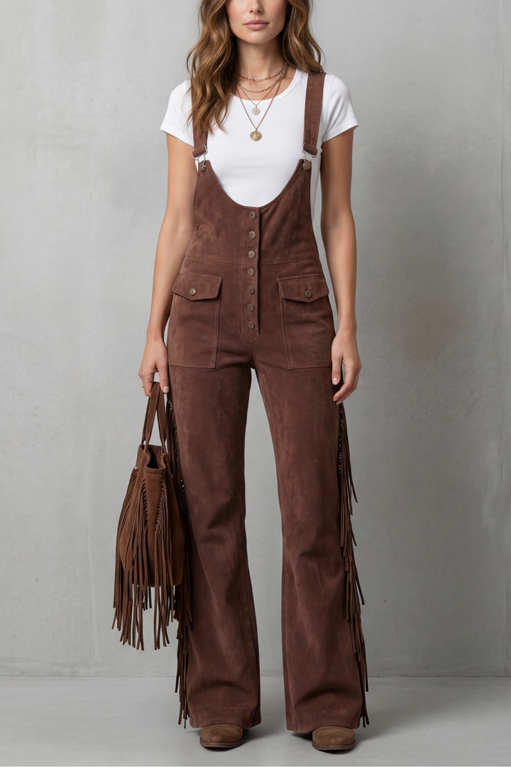 Women's Flared Leg Dungarees with Fringe Detail - Justienne