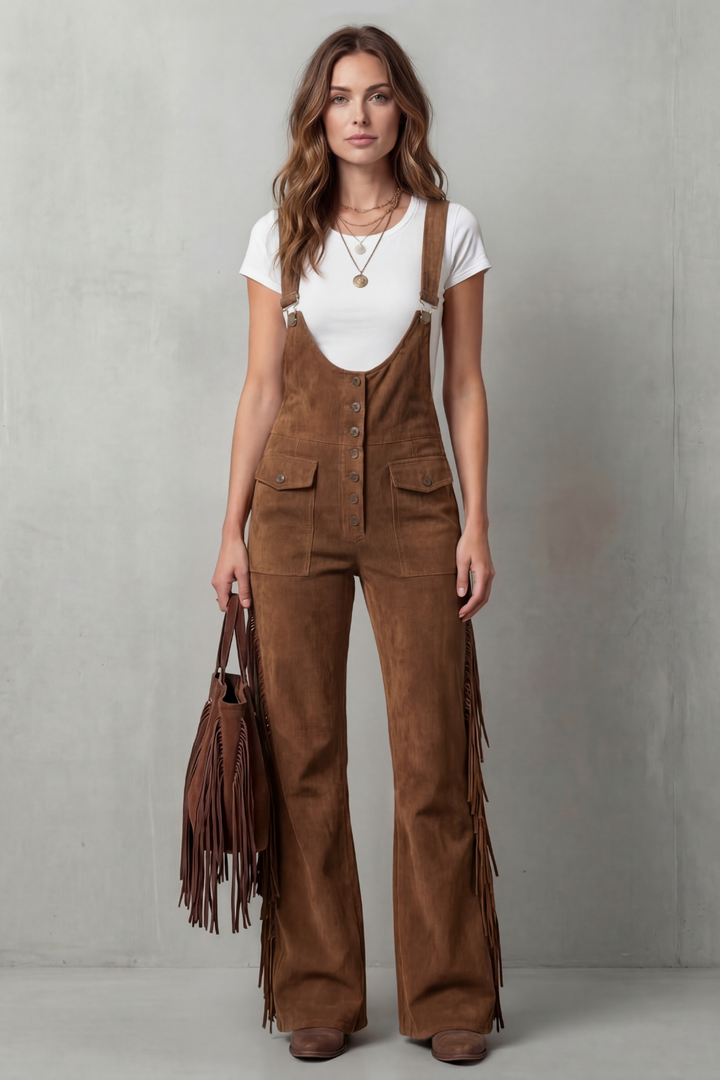 Women's Flared Leg Dungarees with Fringe Detail - Justienne