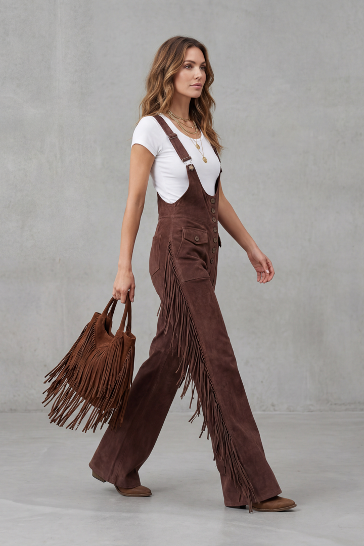 Women's Flared Leg Dungarees with Fringe Detail - Justienne