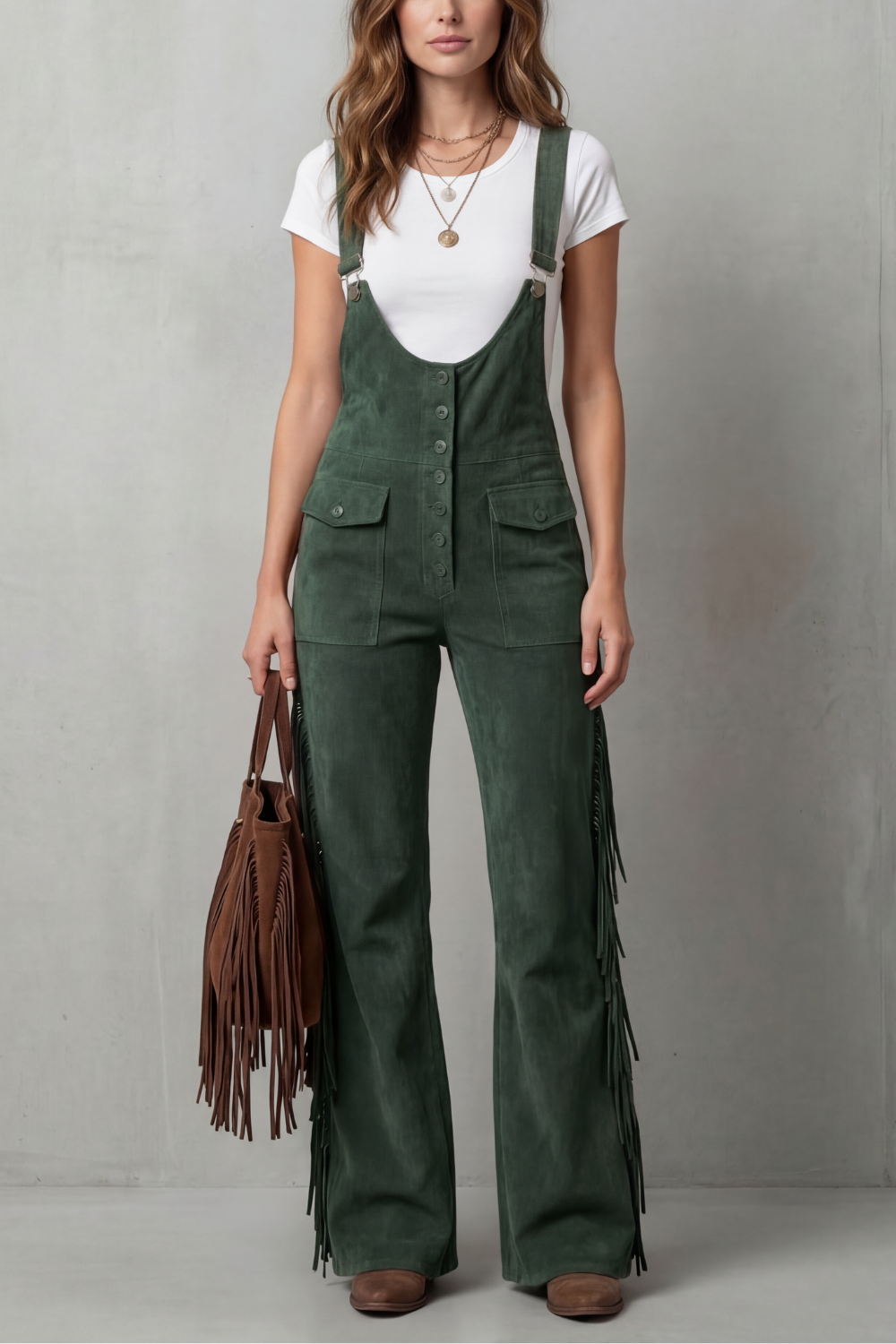 Women's Flared Leg Dungarees with Fringe Detail - Justienne