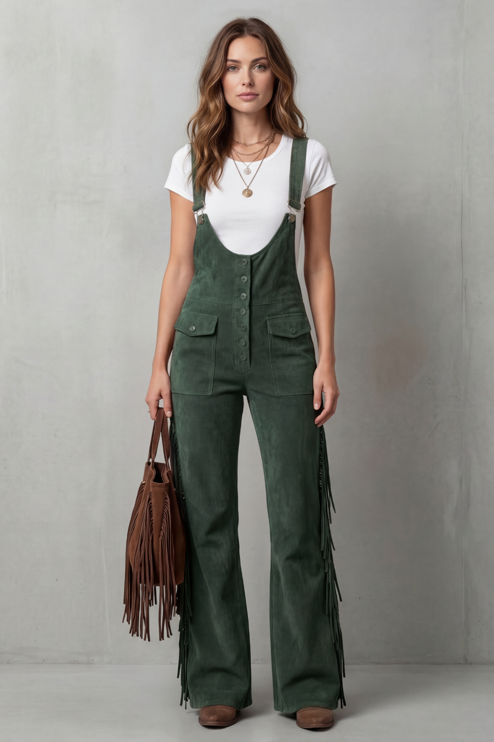Women's Flared Leg Dungarees with Fringe Detail - Justienne
