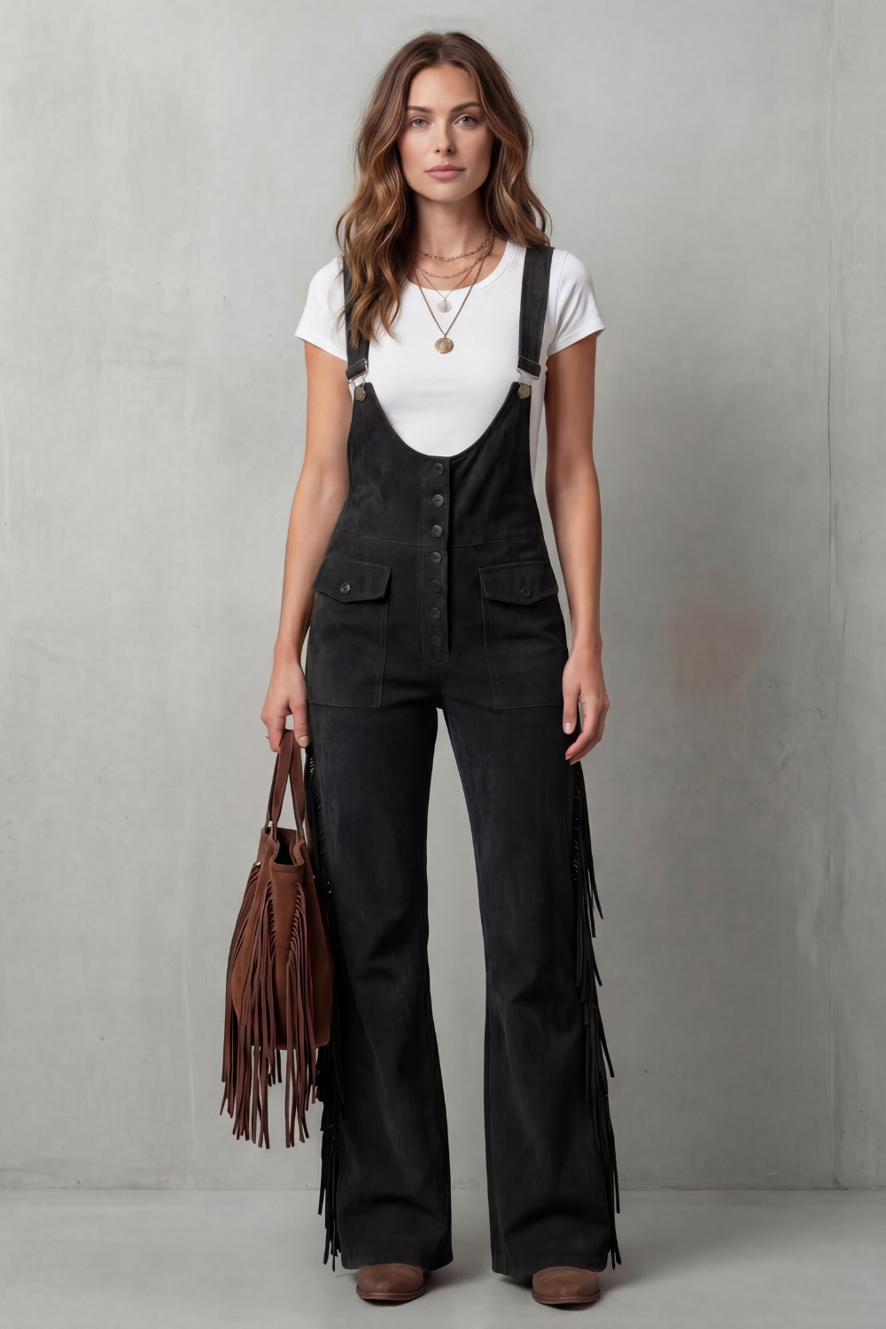 Women's Flared Leg Dungarees with Fringe Detail - Justienne