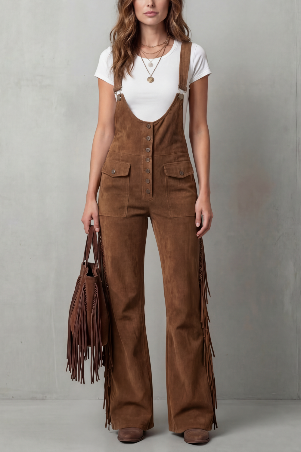 Women's Flared Leg Dungarees with Fringe Detail - Justienne