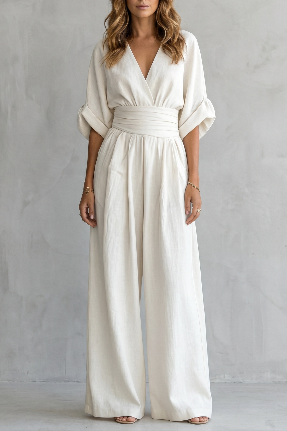 Women's V Neck Batwing Sleeve Wide Leg Jumpsuit - Isaurelle