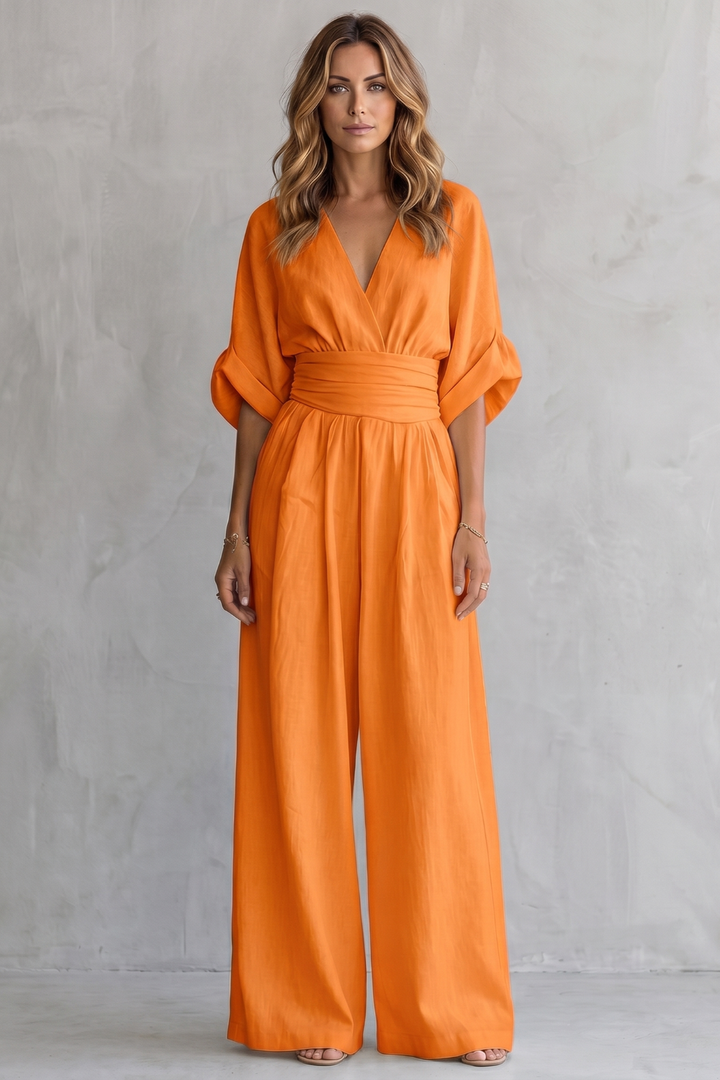 Women's V Neck Batwing Sleeve Wide Leg Jumpsuit - Isaurelle