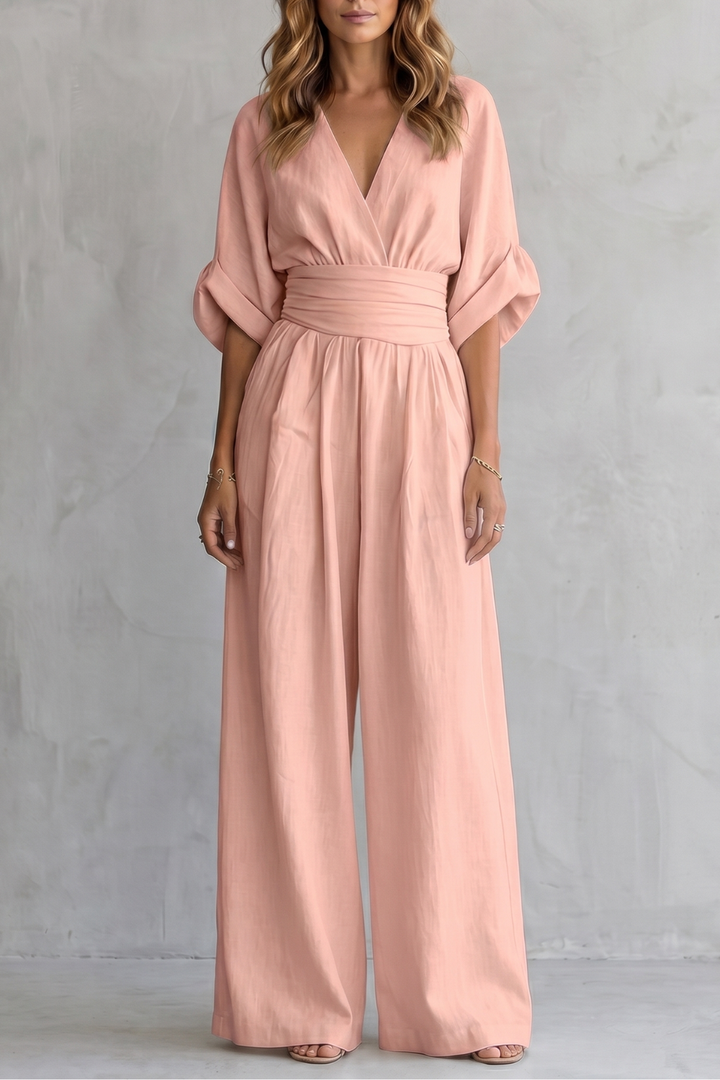 Women's V Neck Batwing Sleeve Wide Leg Jumpsuit - Isaurelle