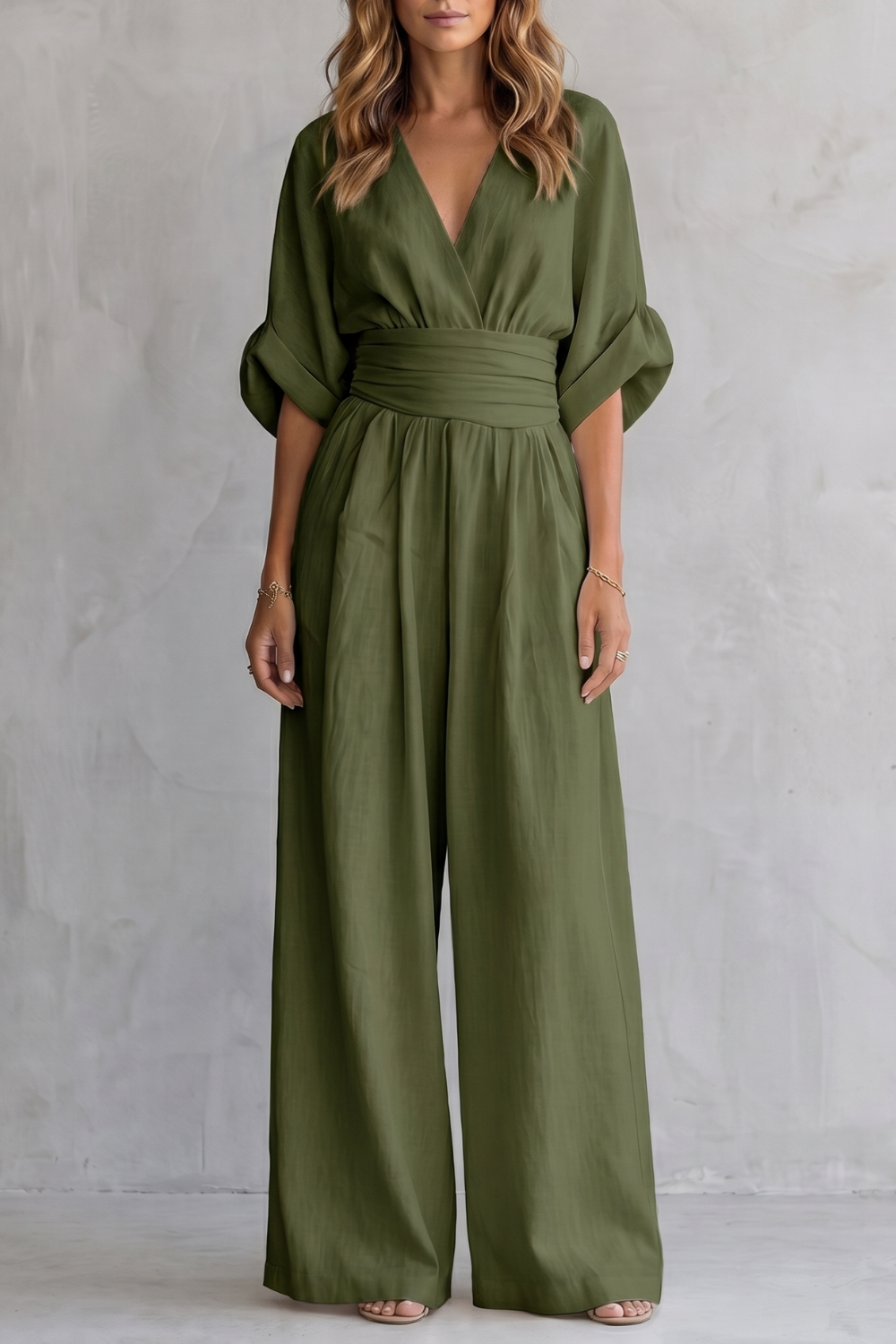 Women's V Neck Batwing Sleeve Wide Leg Jumpsuit - Isaurelle