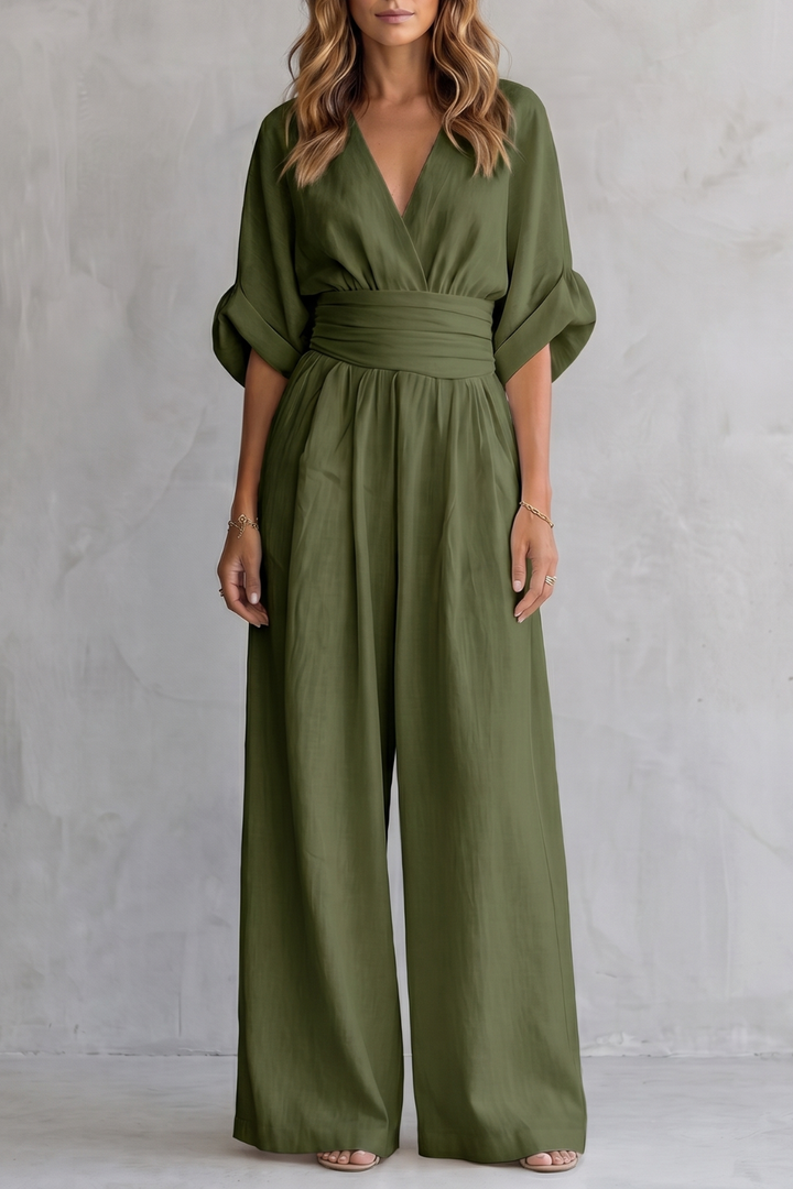 Women's V Neck Batwing Sleeve Wide Leg Jumpsuit - Isaurelle