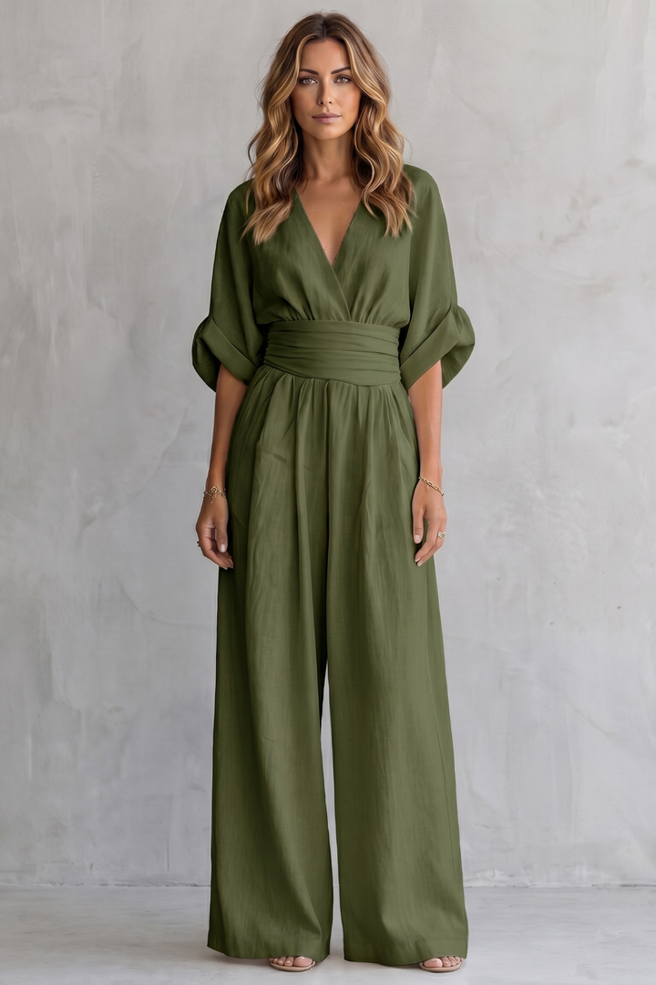 Women's V Neck Batwing Sleeve Wide Leg Jumpsuit - Isaurelle