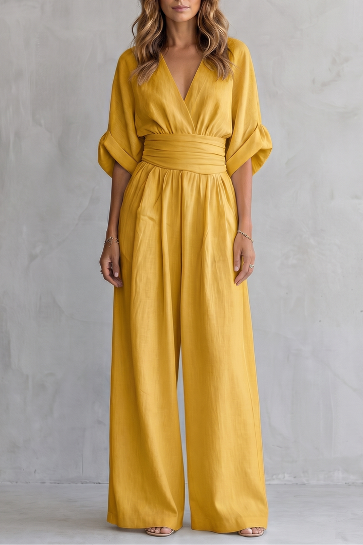 Women's V Neck Batwing Sleeve Wide Leg Jumpsuit - Isaurelle