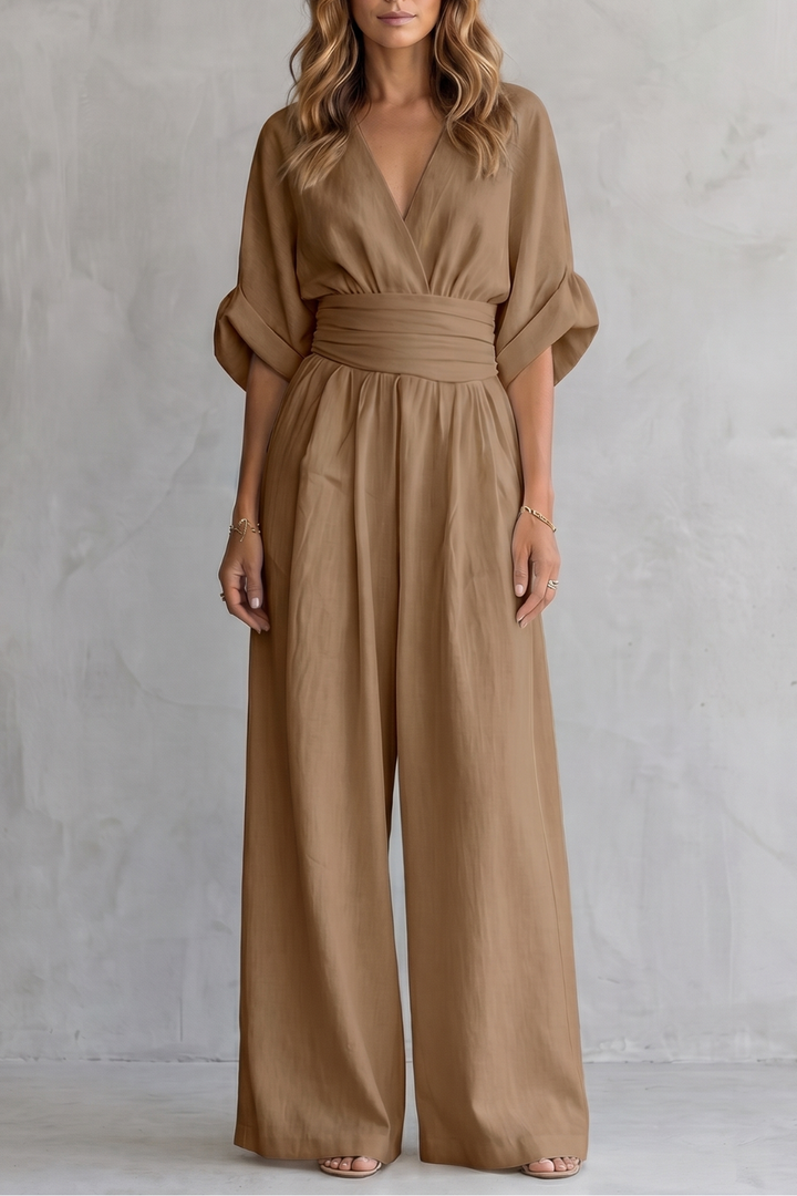 Women's V Neck Batwing Sleeve Wide Leg Jumpsuit - Isaurelle