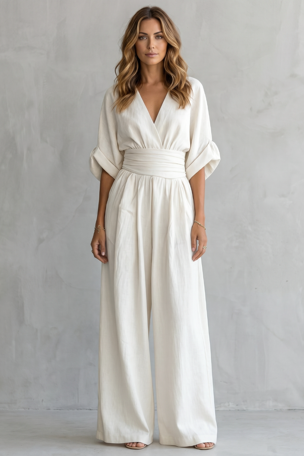 Women's V Neck Batwing Sleeve Wide Leg Jumpsuit - Isaurelle