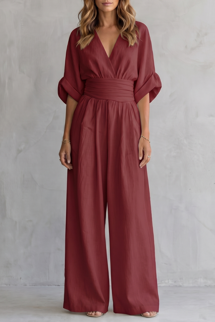 Women's V Neck Batwing Sleeve Wide Leg Jumpsuit - Isaurelle
