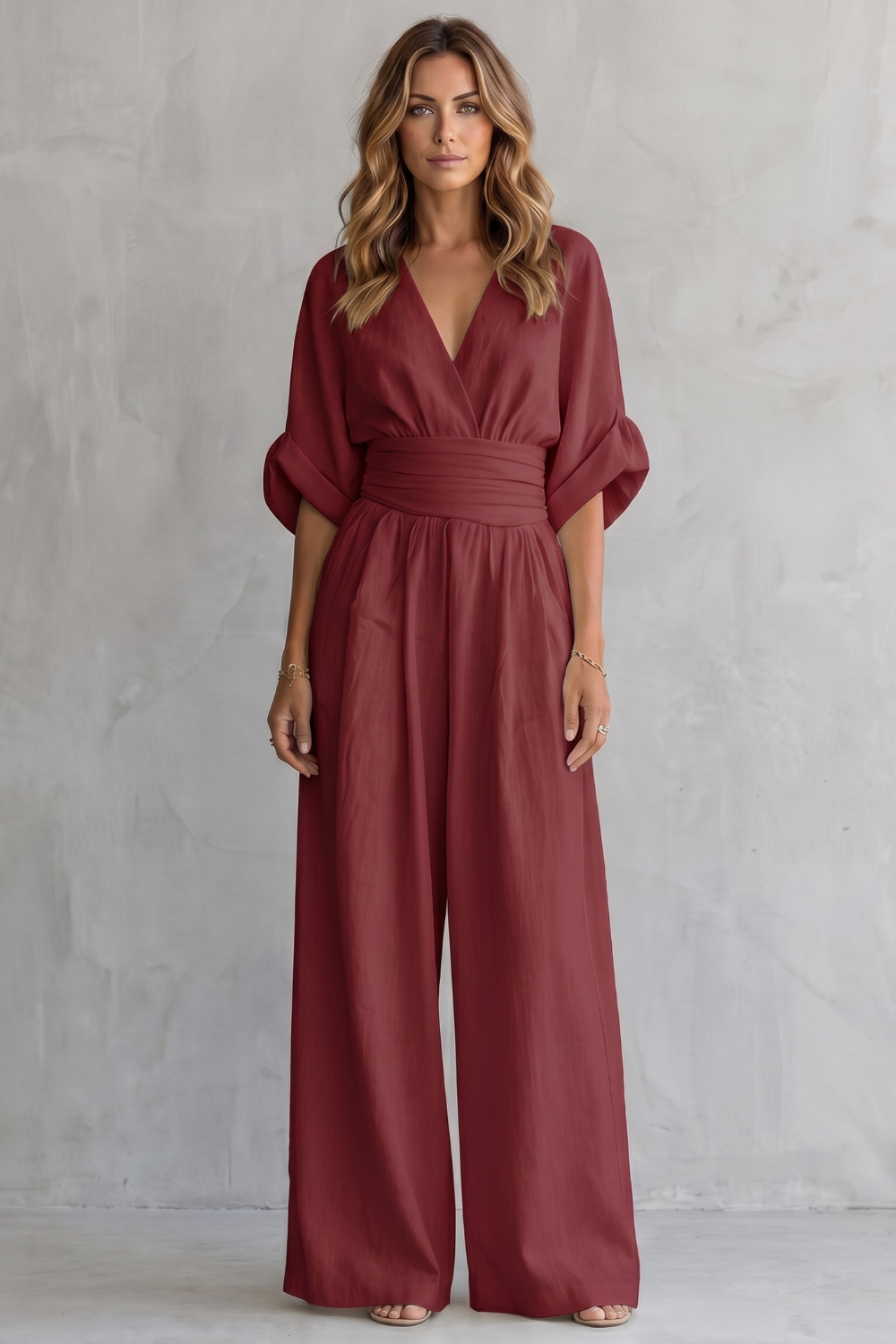Women's V Neck Batwing Sleeve Wide Leg Jumpsuit - Isaurelle