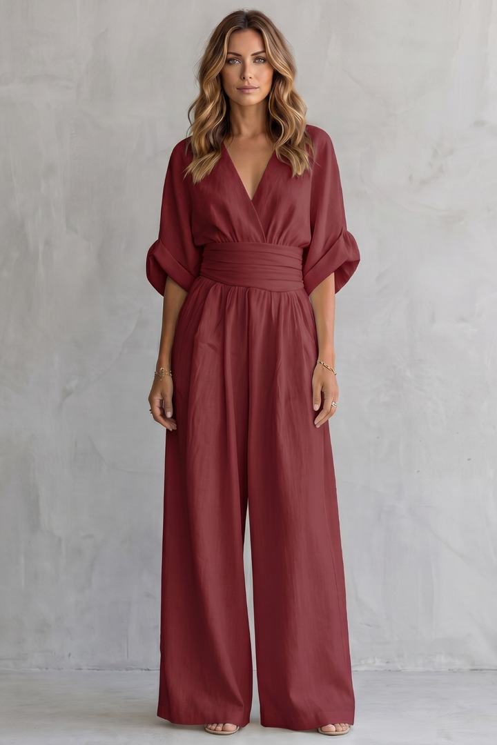 Women's V Neck Batwing Sleeve Wide Leg Jumpsuit - Isaurelle