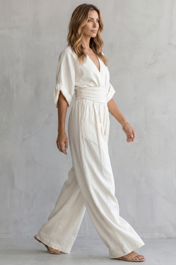 Women's V Neck Batwing Sleeve Wide Leg Jumpsuit - Isaurelle