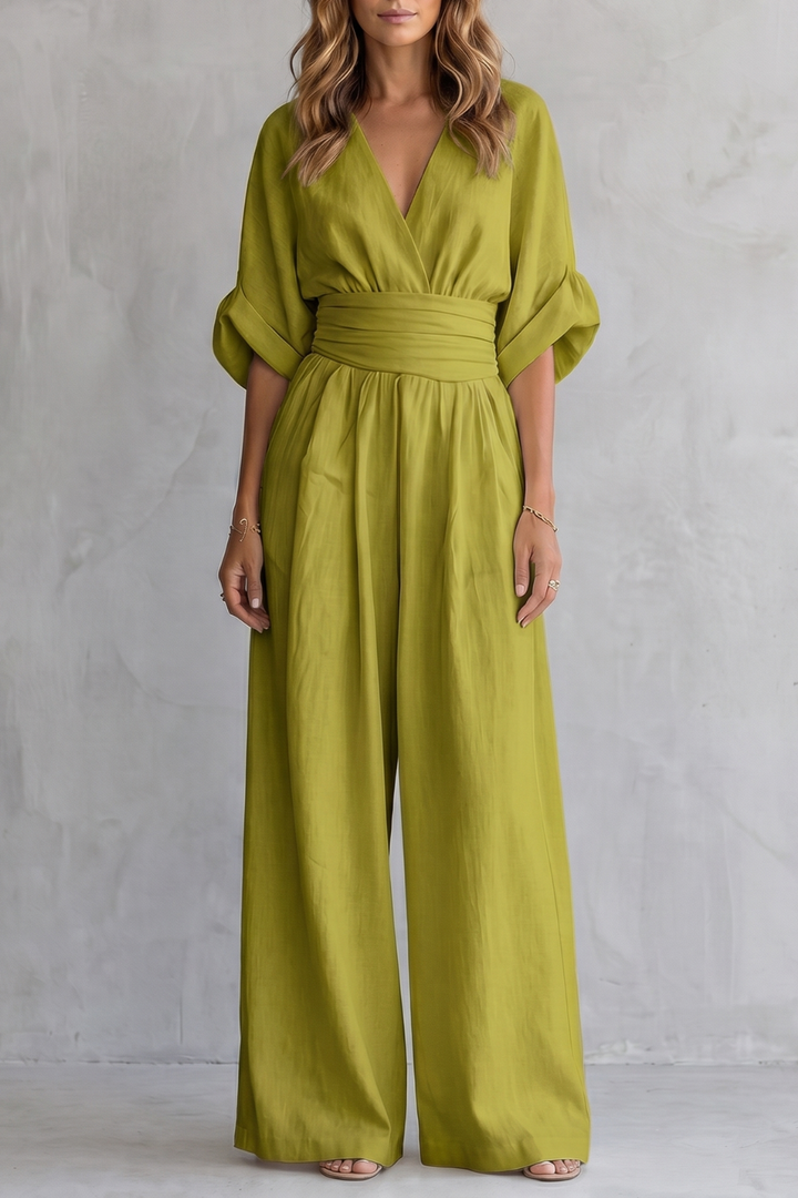 Women's V Neck Batwing Sleeve Wide Leg Jumpsuit - Isaurelle