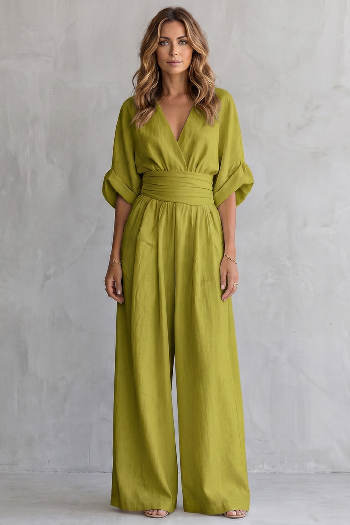 Women's V Neck Batwing Sleeve Wide Leg Jumpsuit - Isaurelle