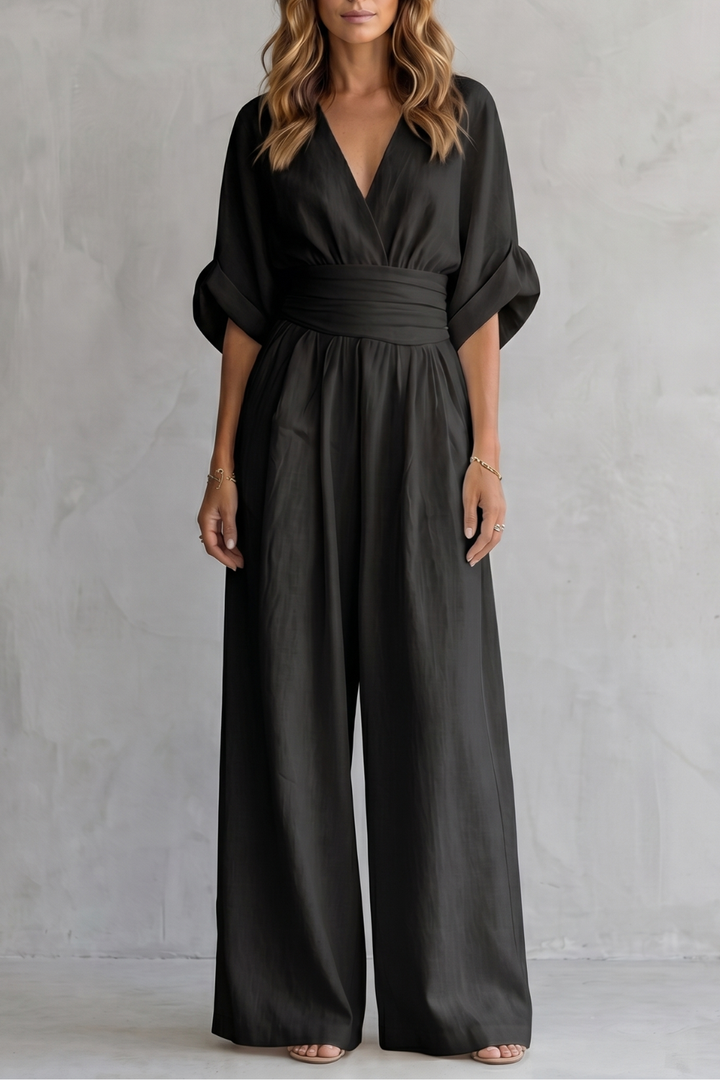 Women's V Neck Batwing Sleeve Wide Leg Jumpsuit - Isaurelle