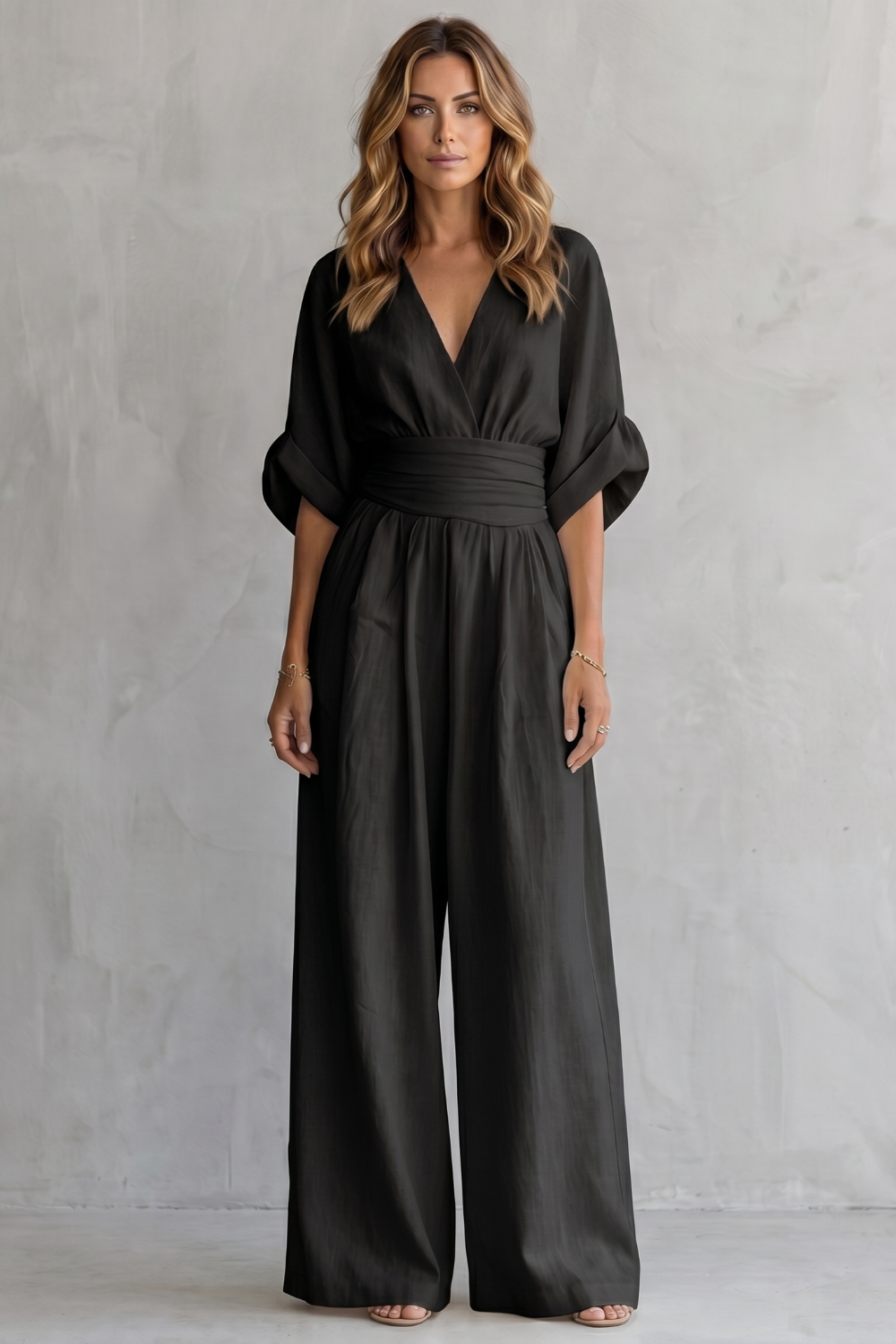 Women's V Neck Batwing Sleeve Wide Leg Jumpsuit - Isaurelle