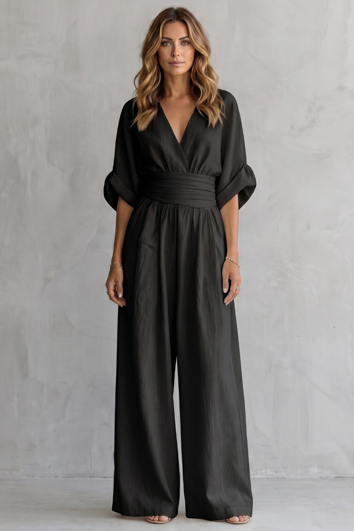 Women's V Neck Batwing Sleeve Wide Leg Jumpsuit - Isaurelle