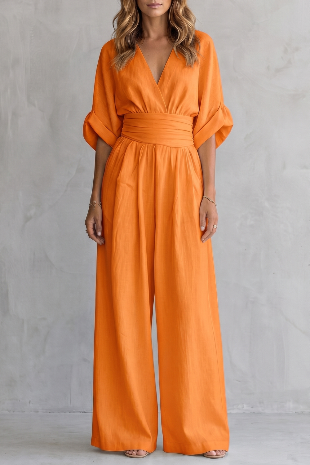 Women's V Neck Batwing Sleeve Wide Leg Jumpsuit - Isaurelle