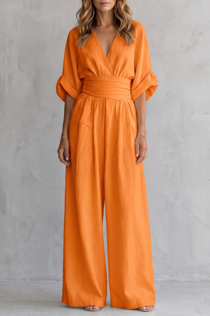 Women's V Neck Batwing Sleeve Wide Leg Jumpsuit - Isaurelle