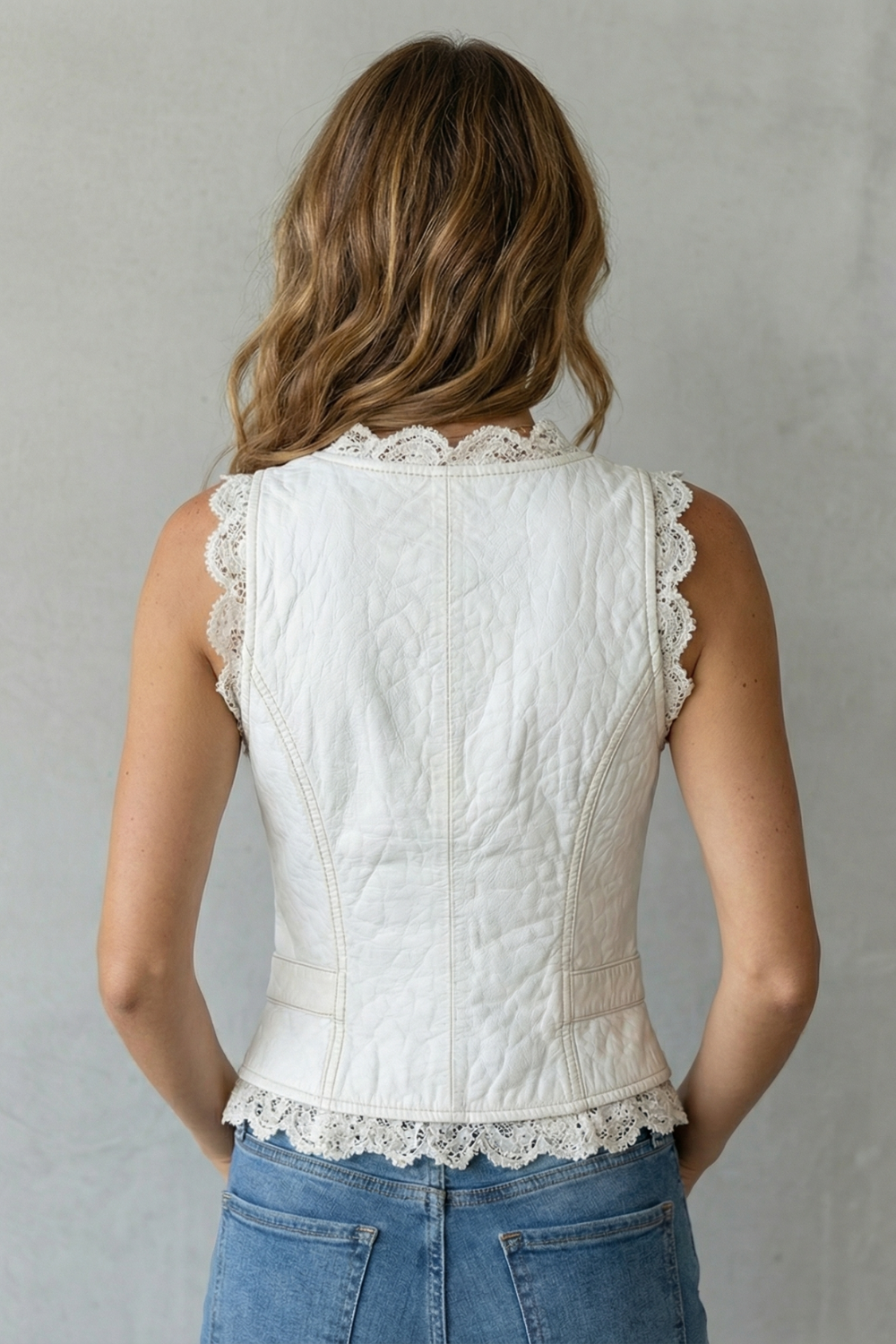 Women's Faux Leather Waistcoat with Lace Trim - Ysoline
