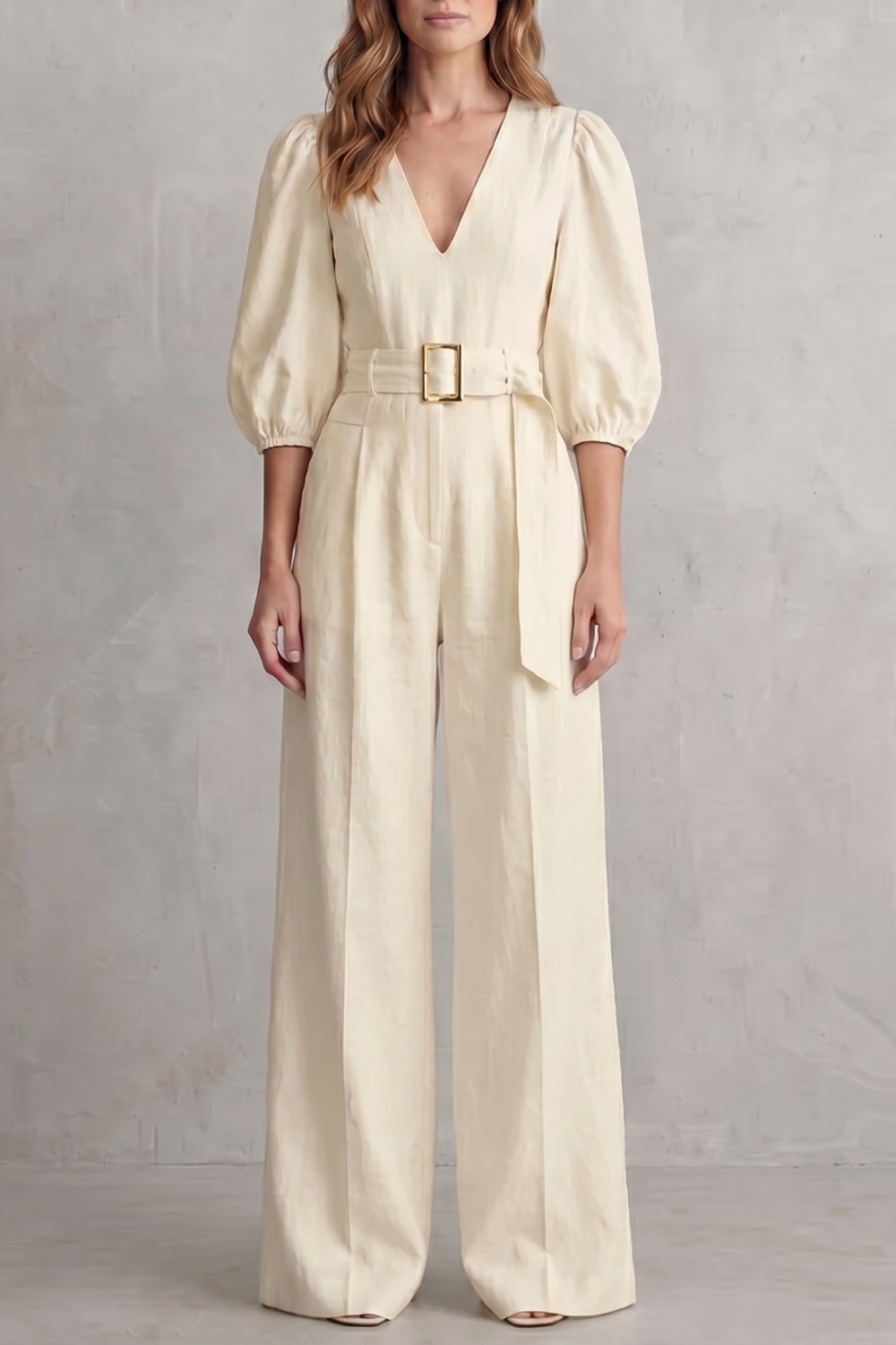 Women's Puff Sleeve Wide Leg Jumpsuit with Belt - Lisandre