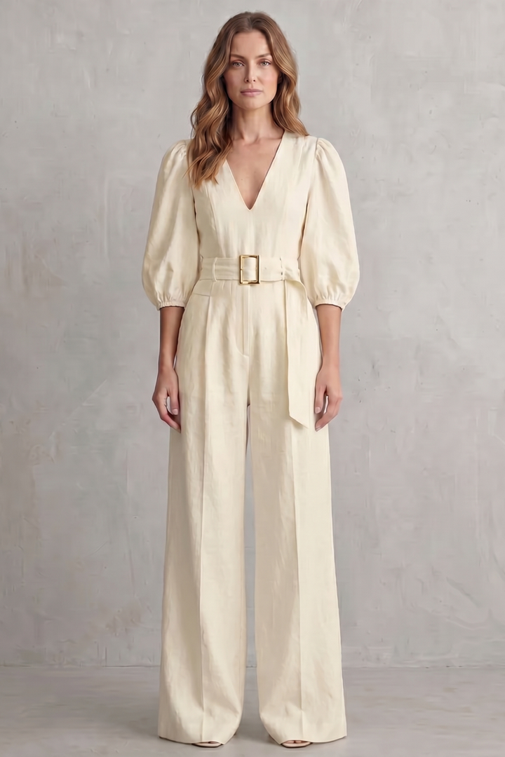 Women's Puff Sleeve Wide Leg Jumpsuit with Belt - Lisandre