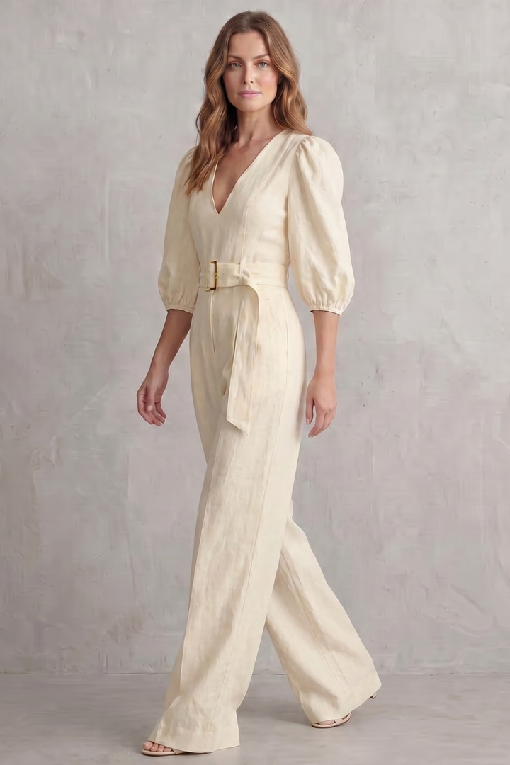 Women's Puff Sleeve Wide Leg Jumpsuit with Belt - Lisandre