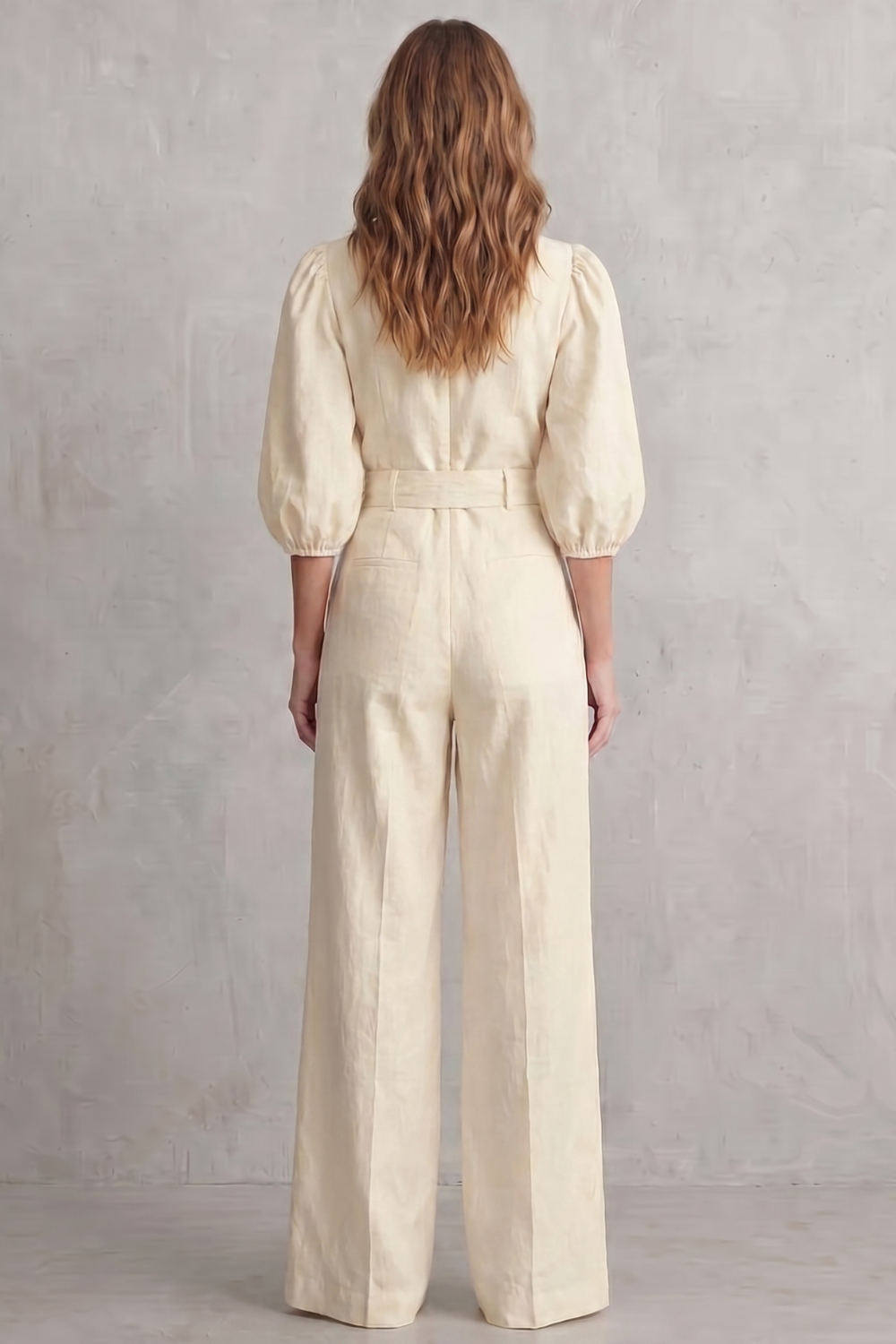 Women's Puff Sleeve Wide Leg Jumpsuit with Belt - Lisandre