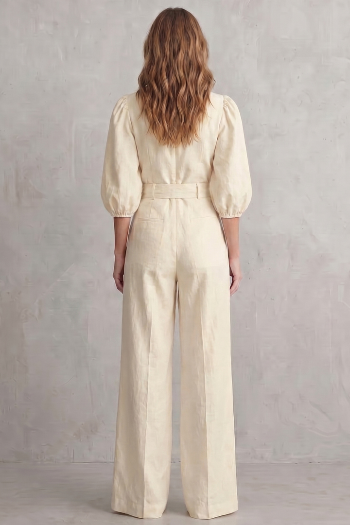 Women's Puff Sleeve Wide Leg Jumpsuit with Belt - Lisandre